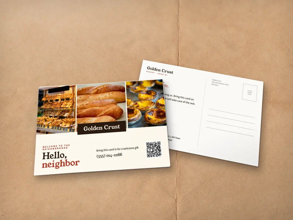 Postcard template PC-11 for a bakery or café: Golden Crust, strip of three bakery photos to welcome new neighbors