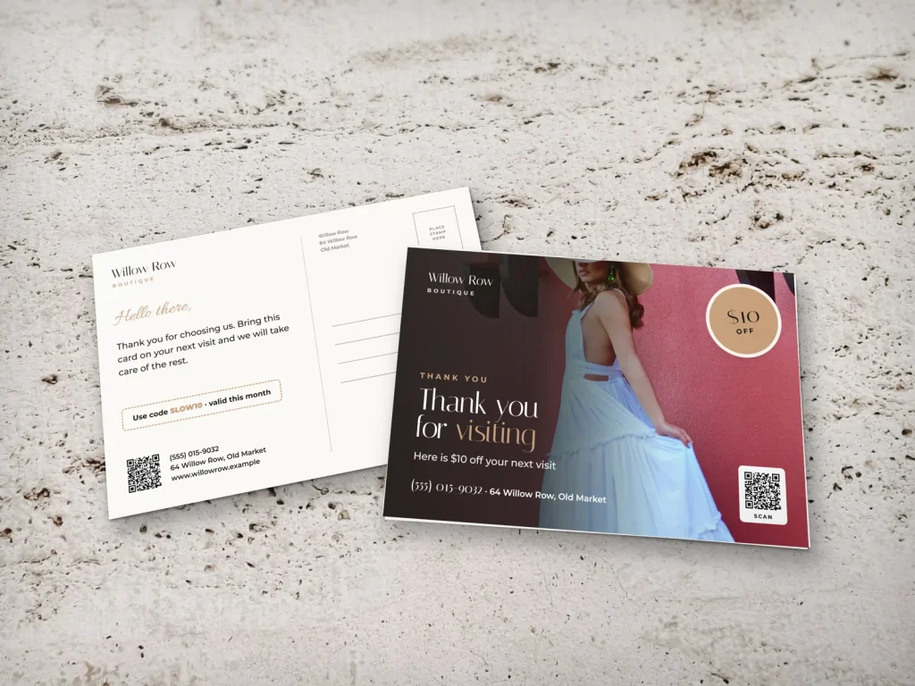 Postcard template PC-12 for a shop: Willow Row, white dress on a red wall for a thank-you card