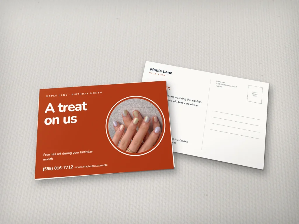 Postcard template PC-13 for a nail salon: Maple Lane, big rust type with mixed pastel nails