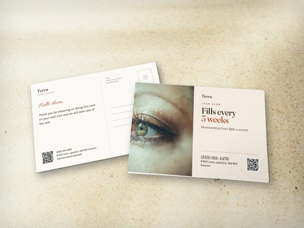 Postcard template PC-14 for a lash and brow studio: Terra, lashes on a green eye for a lash club