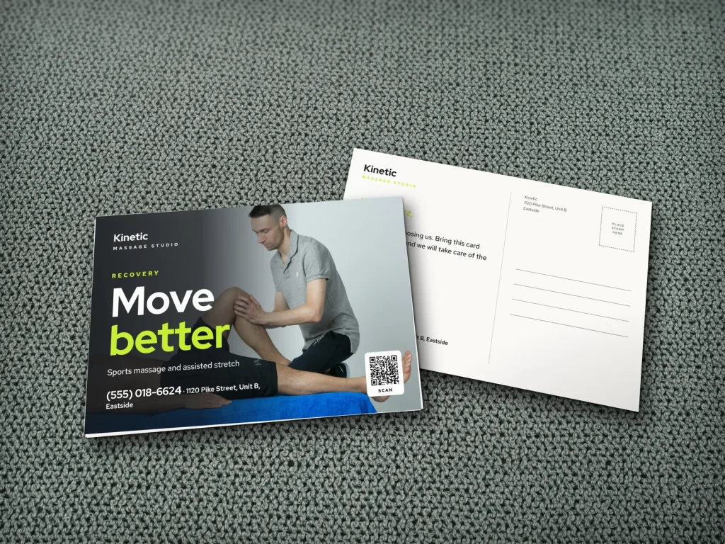 Postcard template PC-15 for a spa: Kinetic, runner’s leg massage for recovery