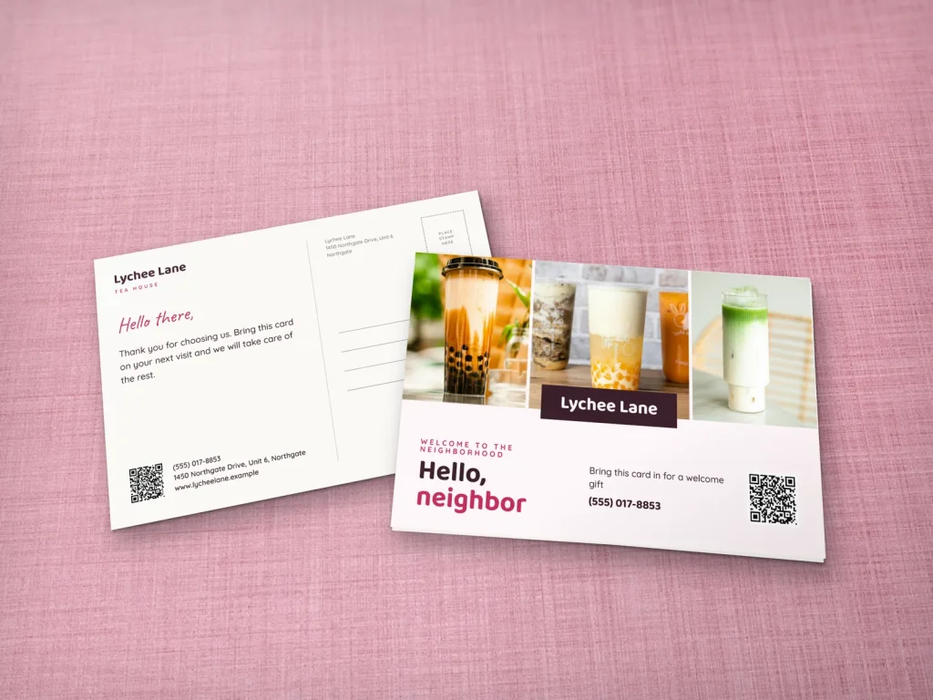 Postcard template PC-16 for a restaurant: Lychee Lane, strip of three boba photos for new neighbors