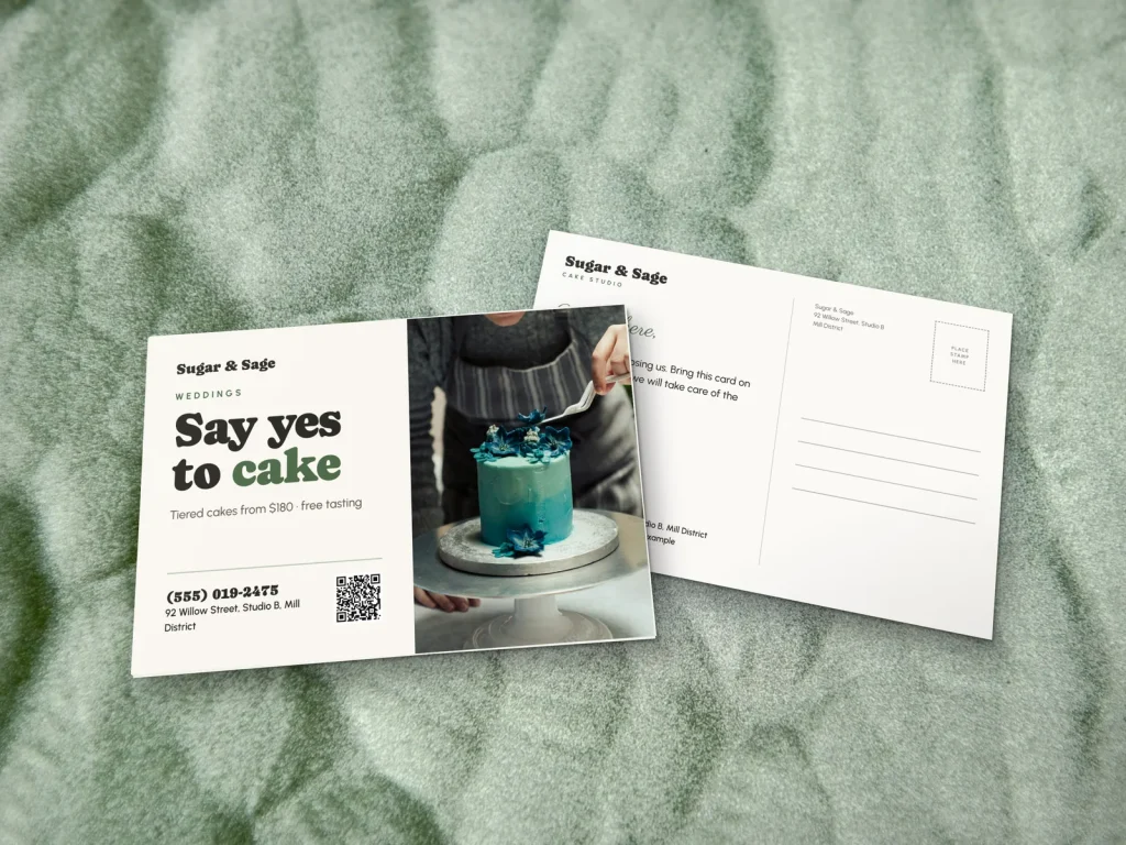 Postcard template PC-17 for a bakery or café: Sugar & Sage, teal cake with sugar flowers for weddings