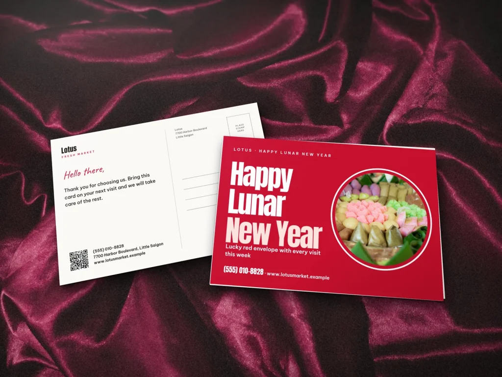 Postcard template PC-18 for a shop: Lotus, big type on red with Vietnamese sweets for Tết