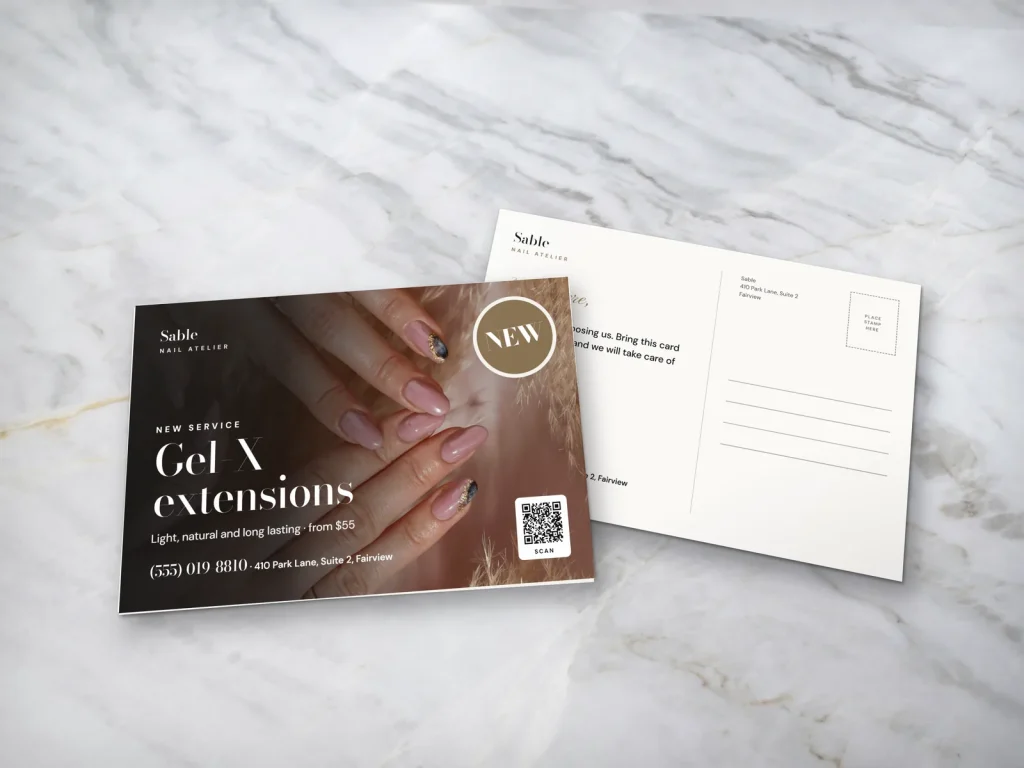 Postcard template PC-19 for a nail salon: Sable, nude nails among pampas grass for Gel-X