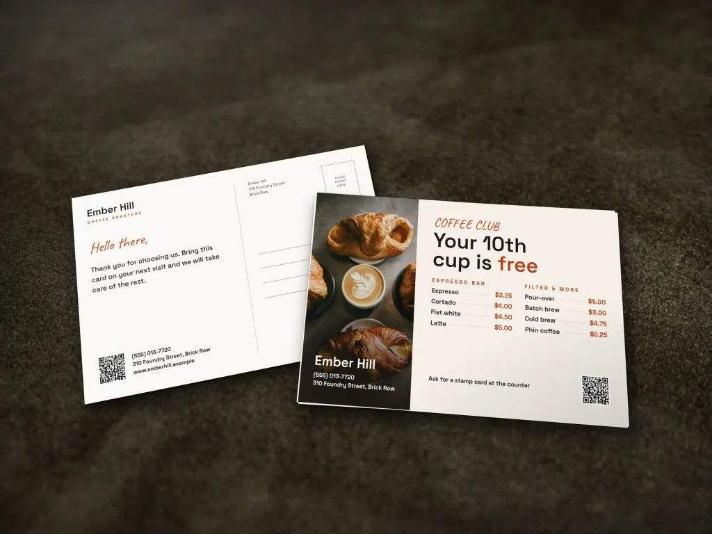 Postcard template PC-20 for a bakery or café: Ember Hill, latte and pastries with a two-column menu