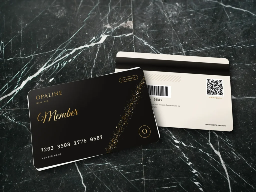 PVC card template PV-01 for a nail salon: Opaline, black VIP card with gold glitter and an embossed number