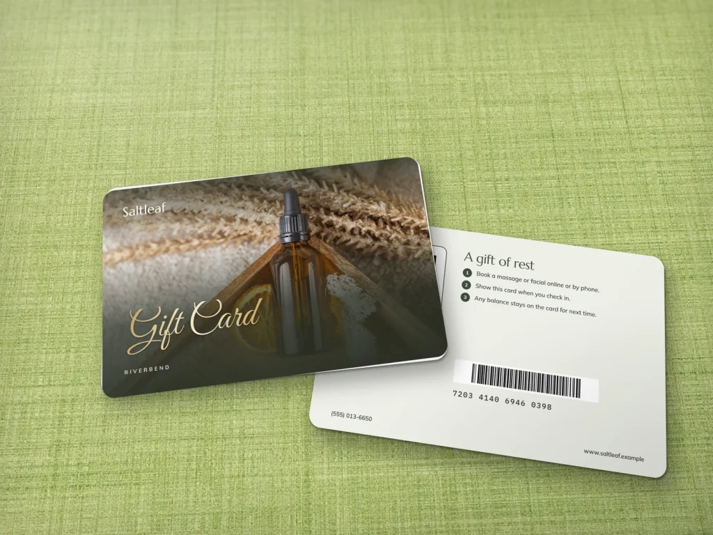 PVC card template PV-03 for a spa: Saltleaf, gift card with an oil, dried orange and flowers photo, pale gold script