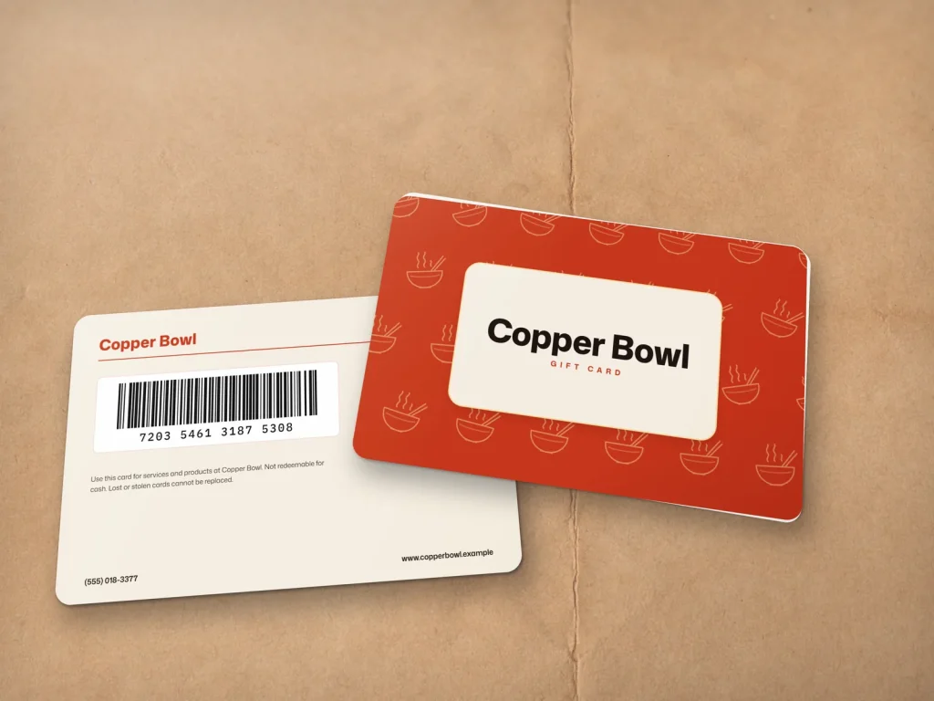 PVC card template PV-04 for a restaurant: Copper Bowl, copper red gift card with a noodle bowl pattern and a cream badge