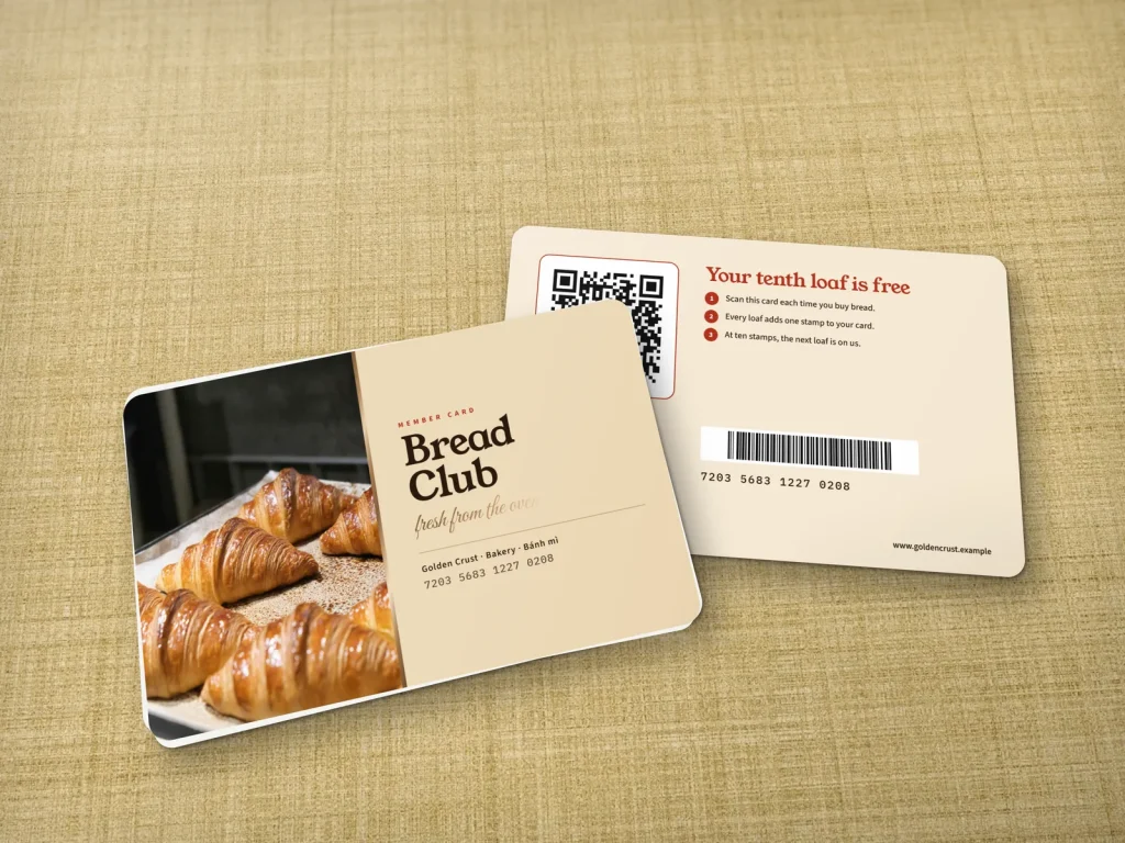 PVC card template PV-05 for a bakery or café: Golden Crust, member card with a croissant photo on kraft tones
