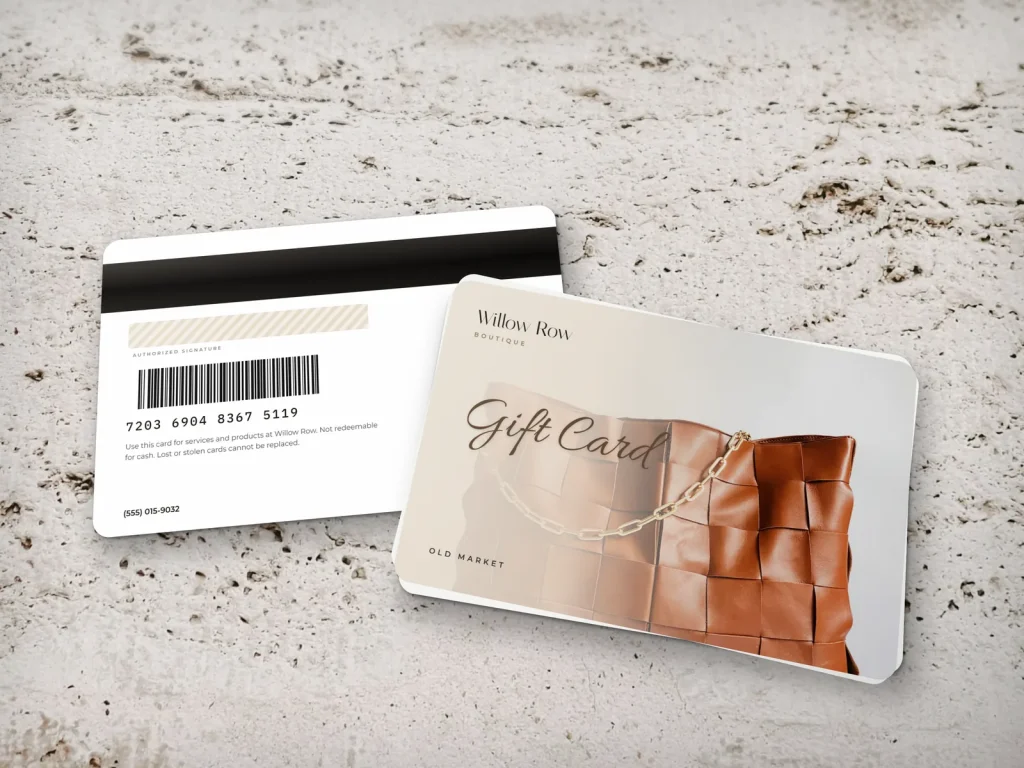 PVC card template PV-06 for a shop: Willow Row, sand gift card with a cream dress photo and foil script