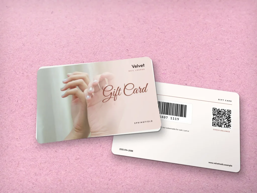 PVC card template PV-07 for a nail salon: Velvet, blush gift card, nude manicure by a white curtain, rose gold script