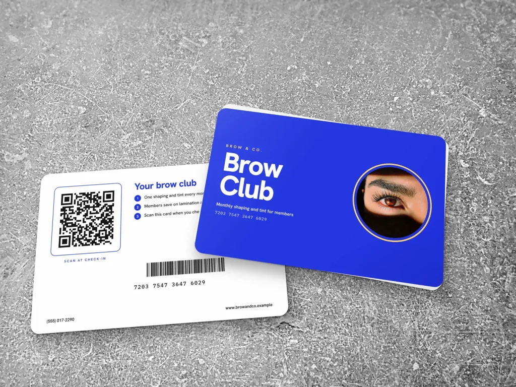 PVC card template PV-08 for a lash and brow studio: Brow & Co., electric blue member card with big type and a round brow photo