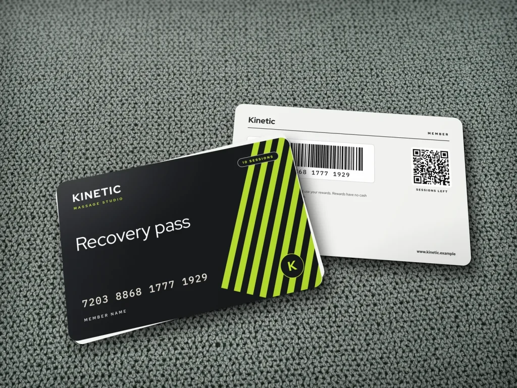 PVC card template PV-09 for a spa: Kinetic, black 10-session pass with lime stripes and an embossed number