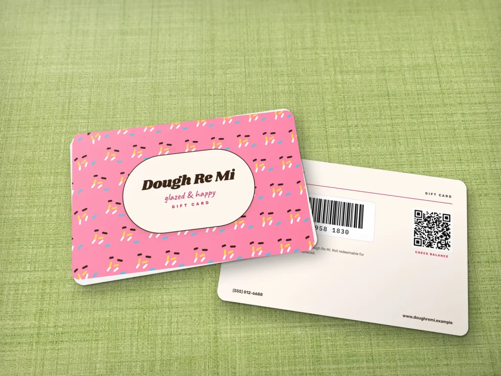 PVC card template PV-11 for a bakery or café: Dough Re Mi, pink gift card covered in sprinkles with a round badge