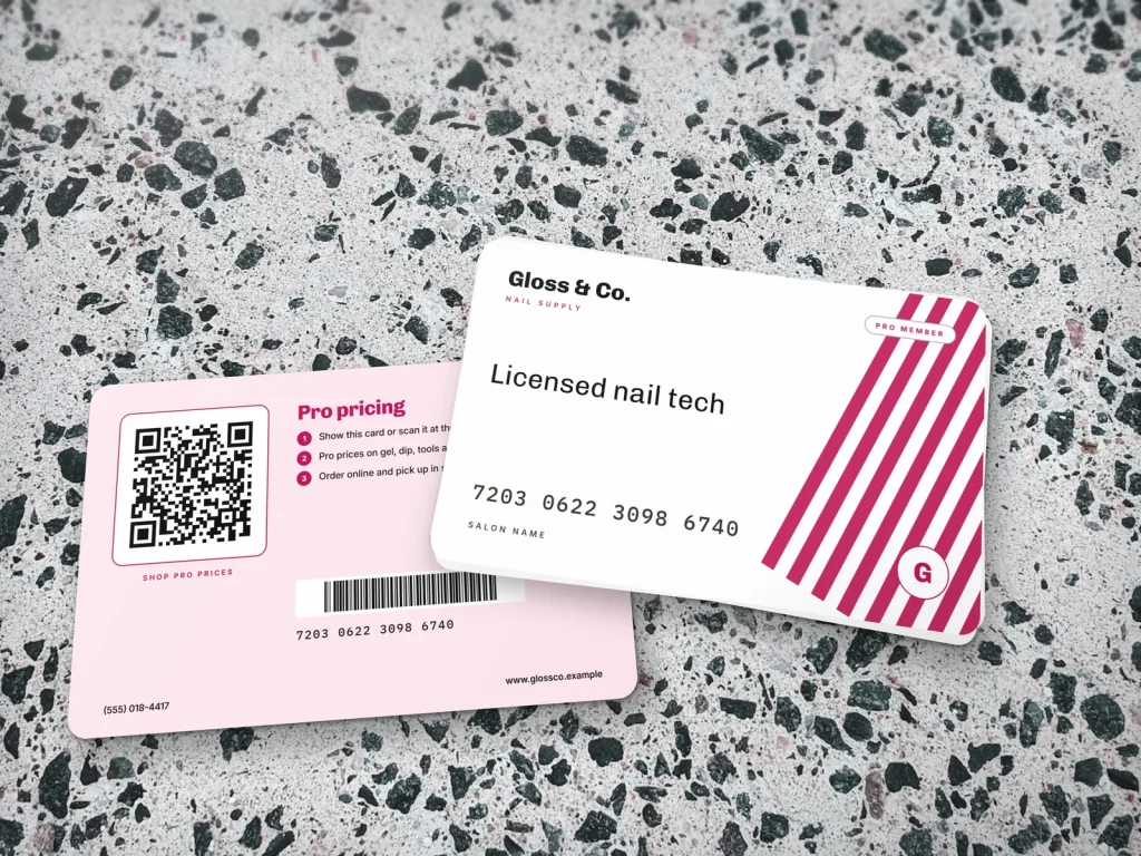PVC card template PV-12 for a shop: Gloss & Co., white pro card for nail techs with magenta stripes