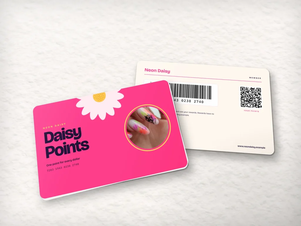PVC card template PV-13 for a nail salon: Neon Daisy, neon pink points card with a daisy and a round nails photo