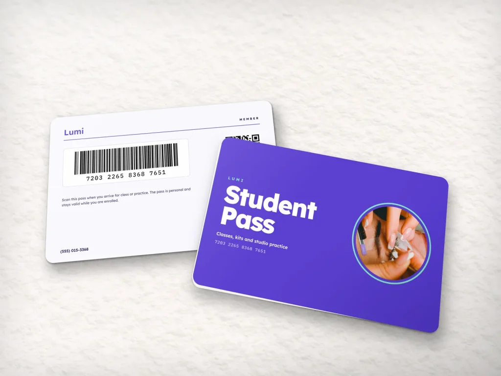 PVC card template PV-14 for a lash and brow studio: Lumi, violet and mint student pass with a round lash photo