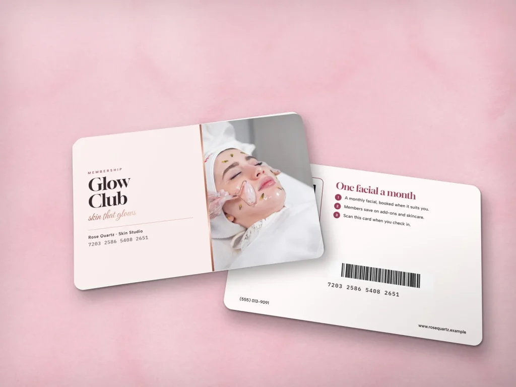 PVC card template PV-15 for a spa: Rose Quartz, pale pink membership card with a cooling globes photo