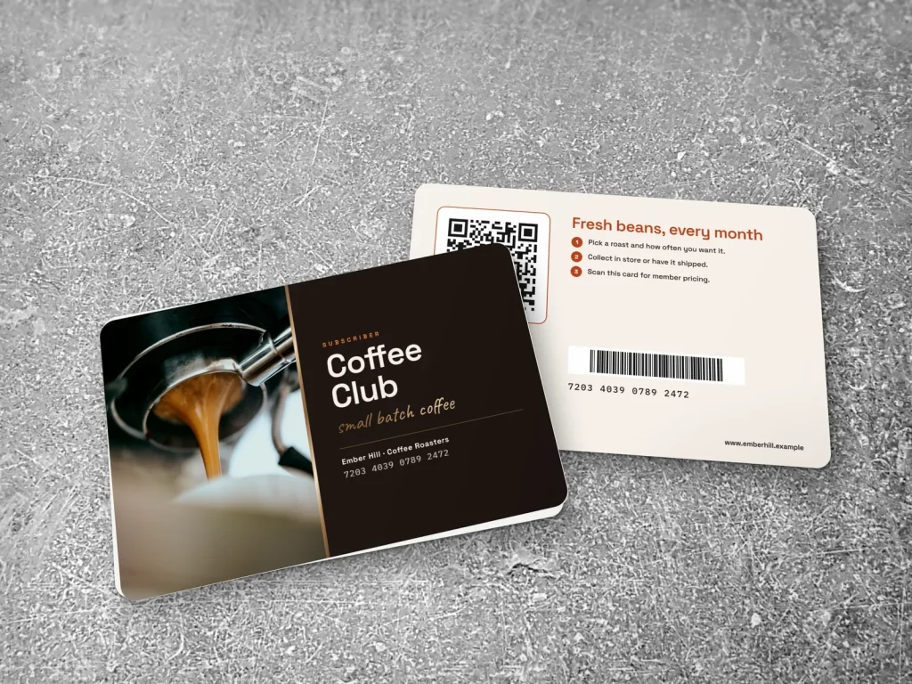 PVC card template PV-17 for a bakery or café: Ember Hill, espresso subscriber card with an espresso pour photo and orange type