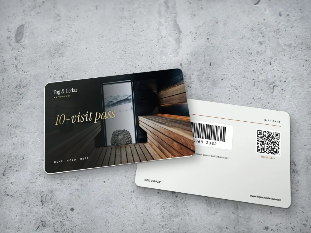 PVC card template PV-19 for a spa: Fog & Cedar, charcoal 10-visit pass with a sauna and snow photo