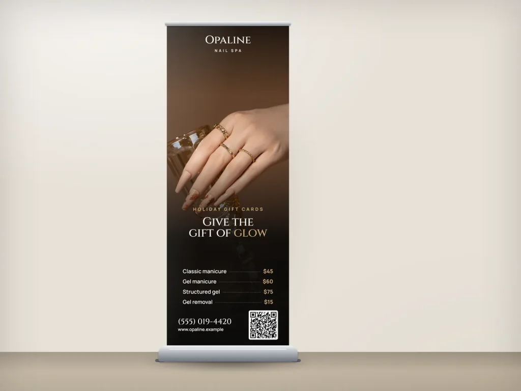 Mẫu standee cuốn RU-01 cho tiệm nail: Opaline, ảnh lớn móng nude và ly champagne, giá dịch vụ