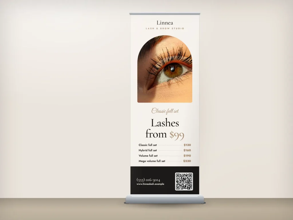 Mẫu standee cuốn RU-02 cho tiệm lash và PMU: Linnea, logo trên, ảnh mi khung vòm, bảng giá dưới