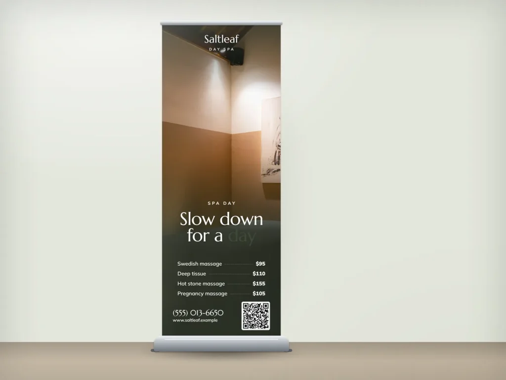 Mẫu standee cuốn RU-03 cho spa: Saltleaf, ảnh phòng massage ấm, gói spa