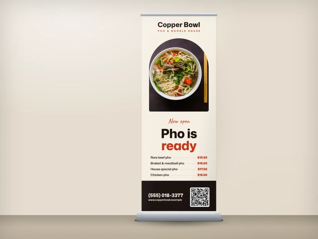 Mẫu standee cuốn RU-04 cho nhà hàng: Copper Bowl, ảnh tô phở khung vòm, món bán chạy