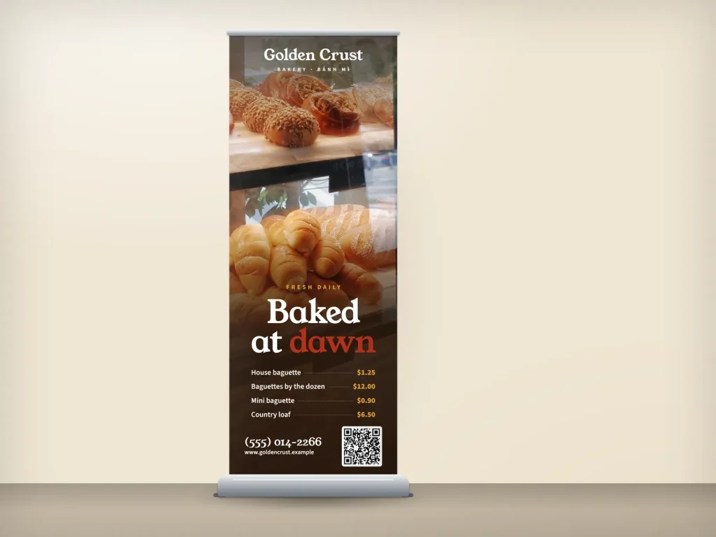 Mẫu standee cuốn RU-05 cho tiệm bánh và café: Golden Crust, ảnh lớn tủ bánh, giá bánh