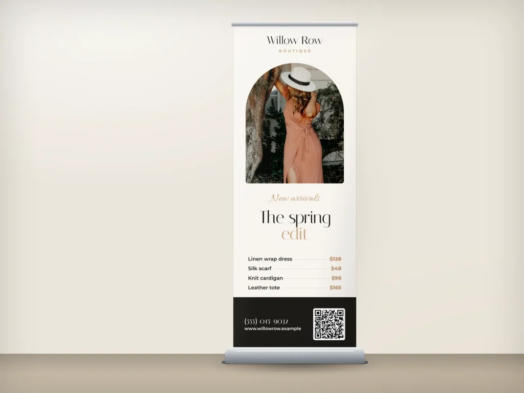Mẫu standee cuốn RU-06 cho cửa hàng: Willow Row, ảnh váy đất nung khung vòm, hàng mới