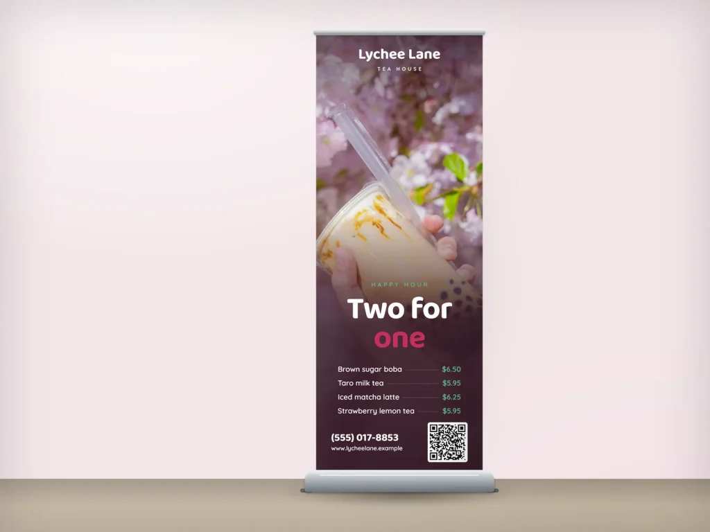 Mẫu standee cuốn RU-10 cho nhà hàng: Lychee Lane, ảnh tay cầm ly trà sữa dưới tán hoa