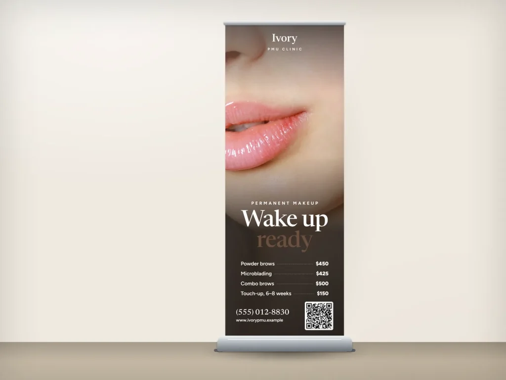 Mẫu standee cuốn RU-14 cho tiệm lash và PMU: Ivory, ảnh lớn đôi môi hồng, giá PMU