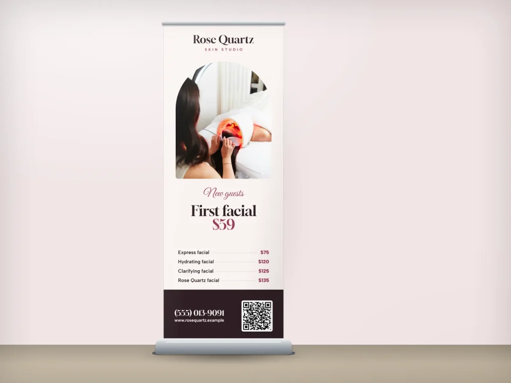 Mẫu standee cuốn RU-15 cho spa: Rose Quartz, ảnh facial đèn LED khung vòm