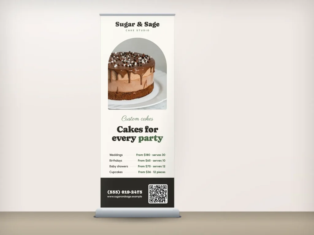 Mẫu standee cuốn RU-17 cho tiệm bánh và café: Sugar & Sage, ảnh bánh kem sô-cô-la chảy trang trí ngọc trai, khung vòm