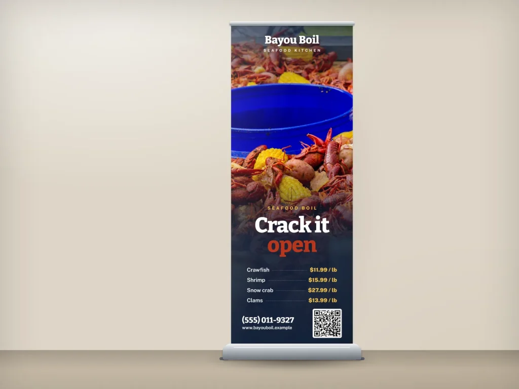 Mẫu standee cuốn RU-20 cho nhà hàng: Bayou Boil, ảnh lớn đổ hải sản ra bàn, giá theo pound