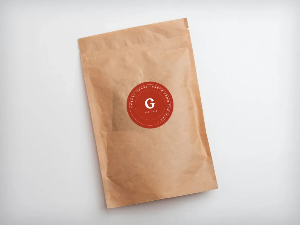 Mẫu sticker cuộn SK-01 cho tiệm bánh và café: Golden Crust, sticker tròn logo tiệm bánh, chữ chạy vòng