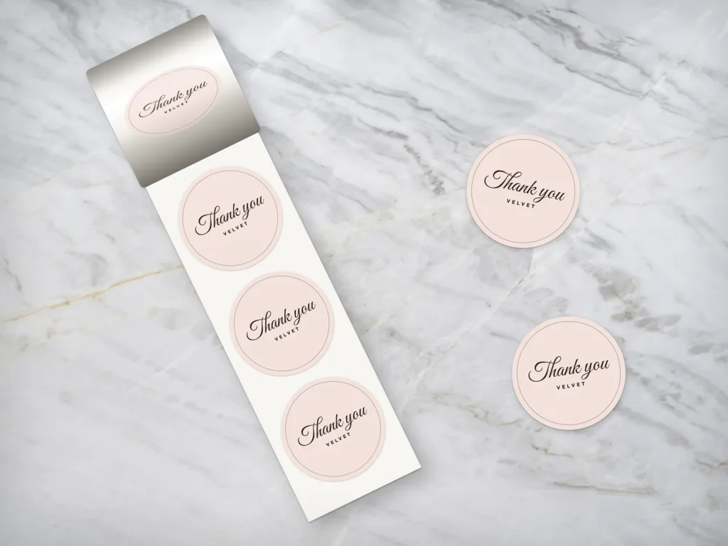 Mẫu sticker cuộn SK-02 cho tiệm nail: Velvet, sticker cảm ơn tròn hồng phấn