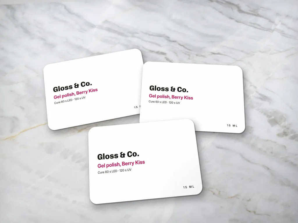 Mẫu sticker cuộn SK-09 cho cửa hàng: Gloss & Co., nhãn chai sơn gel nền trắng