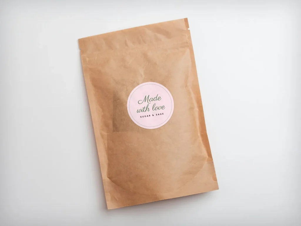Mẫu sticker cuộn SK-14 cho tiệm bánh và café: Sugar & Sage, sticker tròn hồng “made with love”