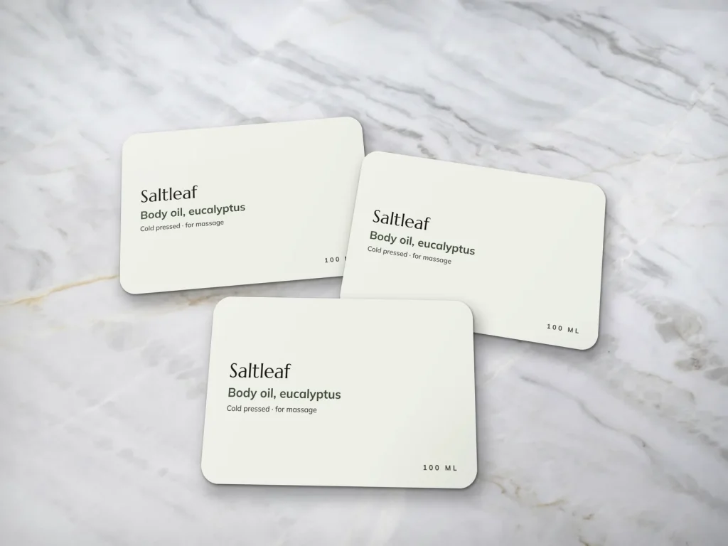 Mẫu sticker cuộn SK-16 cho spa: Saltleaf, nhãn chai dầu massage xanh nhạt