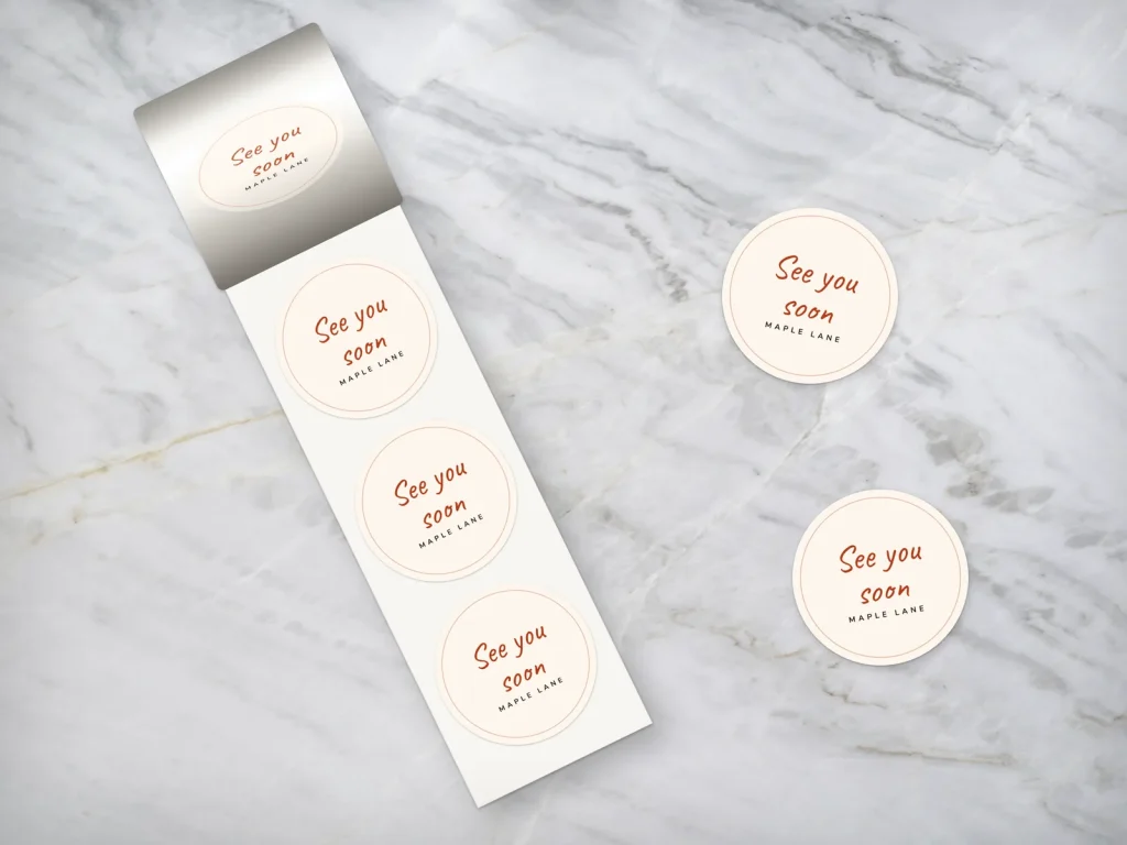 Mẫu sticker cuộn SK-20 cho tiệm nail: Maple Lane, sticker tròn kem “see you soon”