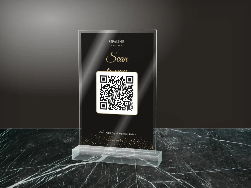 Mẫu standee mica để quầy SM-01 cho tiệm nail: Opaline, nền đen kim tuyến: quét QR thanh toán, mặt sau xin review