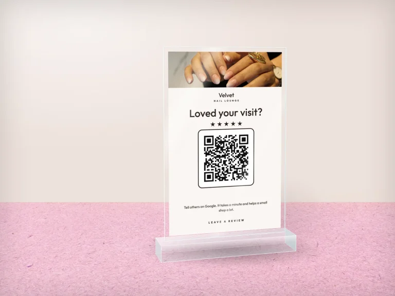 Acrylic counter stand template SM-02 for a nail salon: Velvet, ombre nails photo, Google review request, follow us on the back