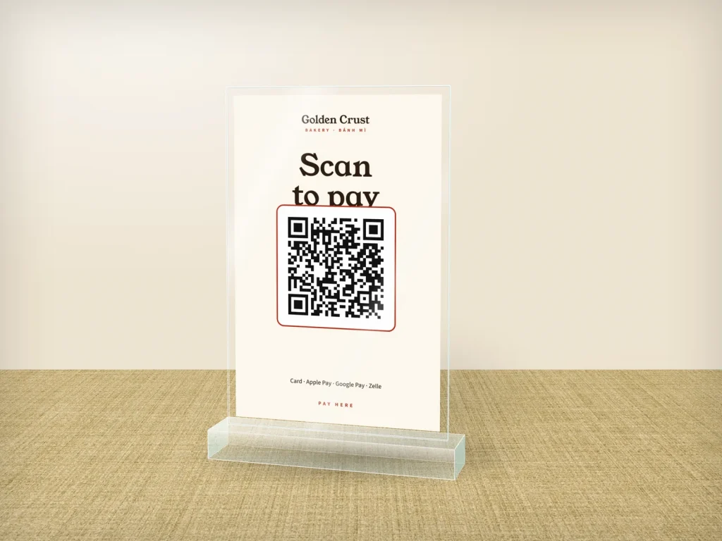 Mẫu standee mica để quầy SM-07 cho tiệm bánh và café: Golden Crust, màu kem chữ đỏ, QR thanh toán và xin review