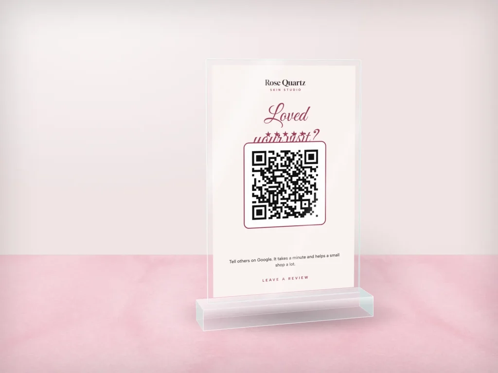 Mẫu standee mica để quầy SM-10 cho spa: Rose Quartz, hồng thạch anh chữ viết tay, xin review