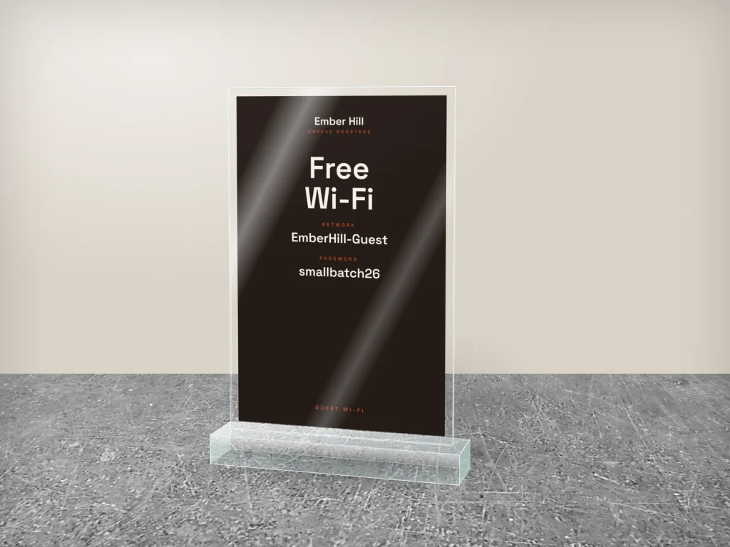 Mẫu standee mica để quầy SM-13 cho tiệm bánh và café: Ember Hill, nền nâu cà phê rang, Wi-Fi cho khách, mặt sau là QR thanh toán