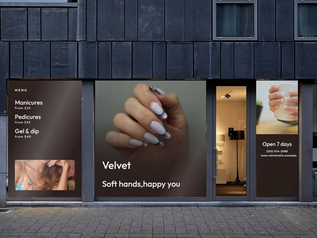 Window graphic template WG-02 for a nail salon: Velvet, cocoa with a marbled nails photo