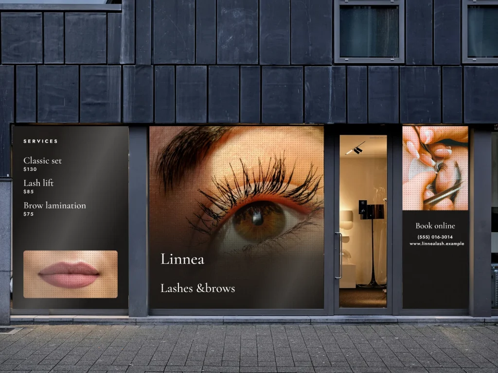 Window graphic template WG-04 for a lash and brow studio: Linnea, black with a lash photo and prices