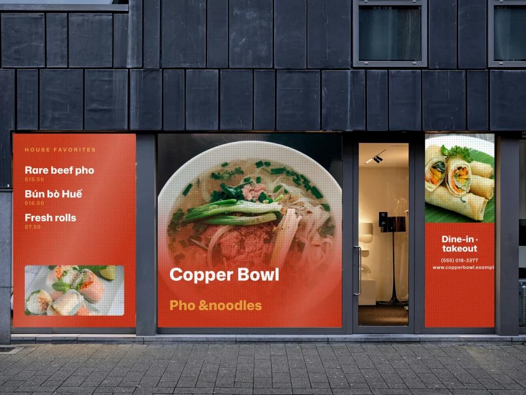 Window graphic template WG-05 for a restaurant: Copper Bowl, copper red with a pho photo and best sellers